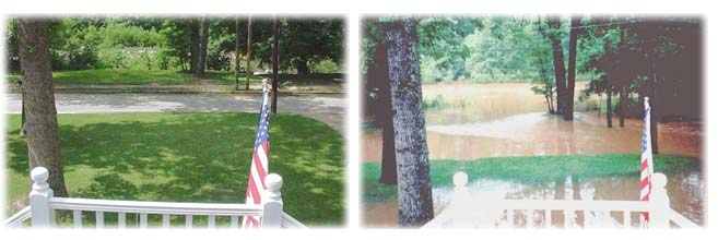 Picture showing a yard alongside Peachtree Creek, Atlanta, Georgia during a dry period and also during a flood. 