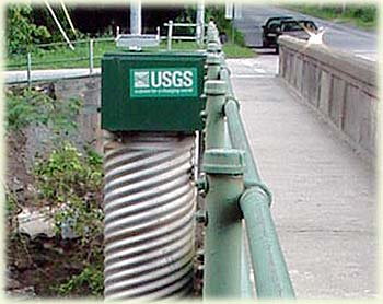 Picture showing the box on top of the stilling well that holds the measuring wire and automated data logger to record stream stages. 