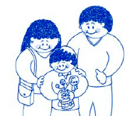 Childlike drawing of a family smiling