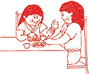 Childlike drawing of a parent and a child having dinner and talking