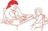 Childlike drawing of a school counselor talking with a child