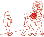 Childlike drawing of a child standing alone while other kids play basketball