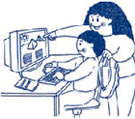 Childlike drawing of a parent and a child working on a computer