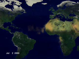 An animation showing dust being blown westward over the Atlantic from northern Africa in July 2000, from aerosol measurements taken by Earth Probe TOMS