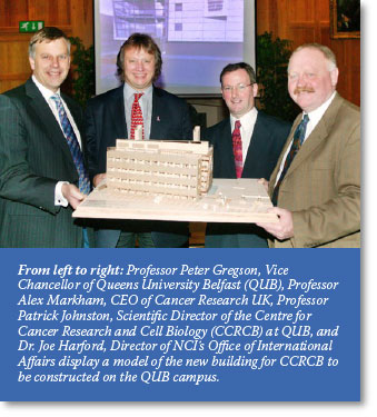 From left to right: Professor Peter Gregson, Vice Chancellor of Queens University Belfast (QUB), Professor
Alex Markham, CEO of Cancer Research UK, Professor Patrick Johnston, Scientific Director of the Centre for
Cancer Research and Cell Biology (CCRCB) at QUB, and Dr. Joe Harford, Director of NCI's Office of International
Affairs display a model of the new building for CCRCB to be constructed on the QUB campus.