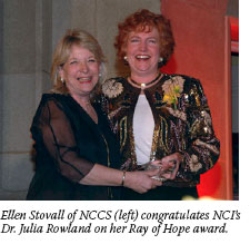 Ellen Stovall of NCCS (left) congratulates NCI's Dr. Julia Rowland on her Ray of Hope award.