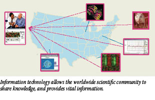 A diagram representing how information technology allows basic and clinical researchers from around the world to share information about cancer, so that clinicians can offer the latest interventions to their patients.