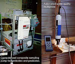 Automated water quality sampling instruments - a pump to collect composite samples for herbicides and pesticides, and a Hydrolab water quality multiprobe.