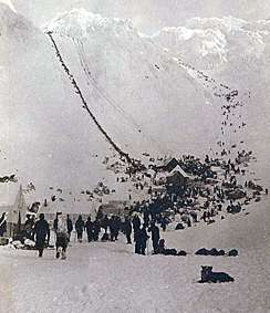 Klondikers and supplies at the Scales, foot of Chilkoot Pass, Alaska, 1897. University of Washington Photograph