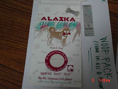 label from Alaska "Woof" Pack