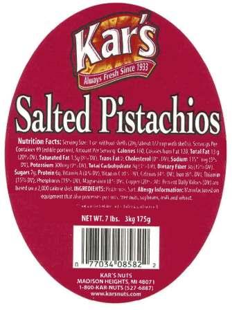 label for Kar's Pistachios 7 lb