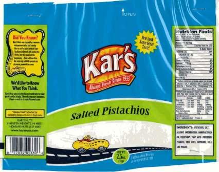 label for Kar's Pistachios 2.25 oz