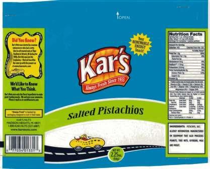 label for Kar's Pistachios 2.25 oz