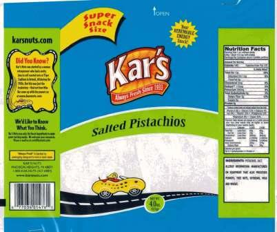 label for Kar's Pistachios 4 oz