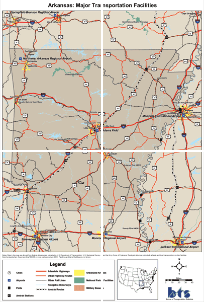 Arkansas: Major Transportation Facilities. If you are a user with a disability and cannot view this image, please call 800-853-1351 or email answers@bts.gov for further assistance.