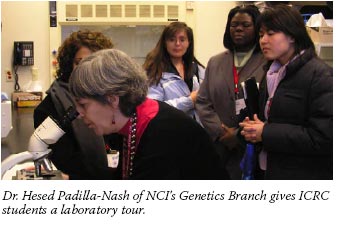 Dr. Hesed Padilla-Nash of NCI's Genetics Branch gives ICRC students a laboratory tour.