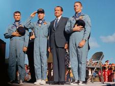 President Richard M. Nixon and the Apollo 13 astronauts James A. Lovell, John L. Swigert Jr., and Fred W. Haise Jr.