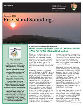 Cover page of Park News: Summer 2006: Fire Island Soundings, illustrated by pink and coral sunrise over island's silhouette.