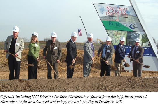 Officials, including NCI Director Dr. John Niederhuber (fourth from the left), break ground November 12 for an advanced technology research facility in Frederick, MD.