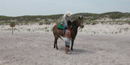 Volunteer on horseback leans over to talk to boy on beach.