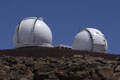 Keck Telescopes: Summit view of the twin Keck telescopes, located at 13,600 atop a dormant volcano in Hawaii.