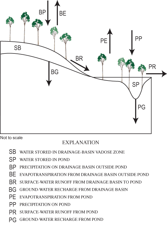 Figure 17. Water-balance model of Sinking Pond showing simulated hydrologic fluxes and storage compartments.