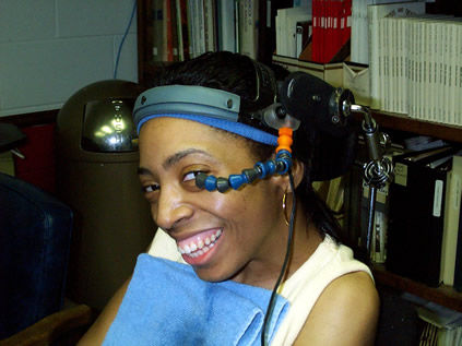 A communication device user accesses her device using an eye blink switch