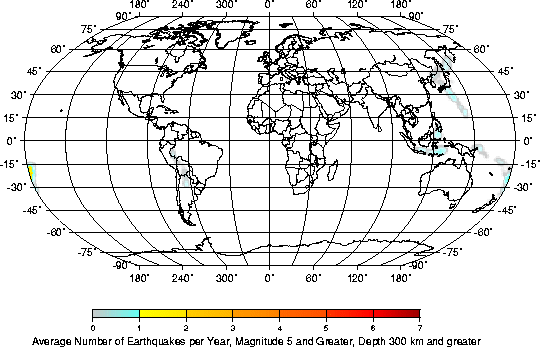 Average Number of Earthquakes per Year, Magnitude 5 and Greater, Depth 300 km and greater