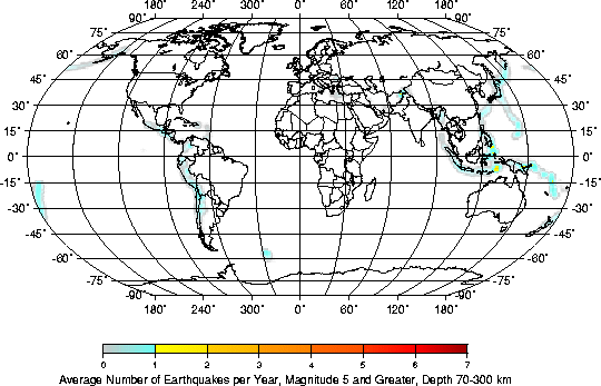 Average Number of Earthquakes per Year, Magnitude 5 and Greater, Depth 70 - 300 km