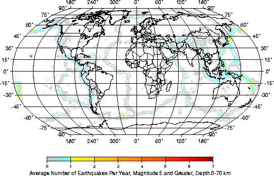 Average Number of Earthquakes per Year, Magnitude 5 and Greater, Depth 0 - 70 km