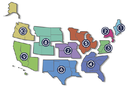 U.S. map showing regions for the 10 DBTAC: ADA centers