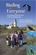 Photograph: Birding for Everyone book cover. Author with kids and a spotting scope on a coastal beach.