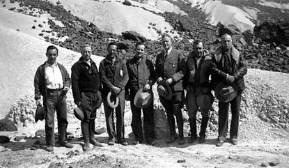 members of the International Park Commission pose in volcanic badlands near Castolon, 1936.