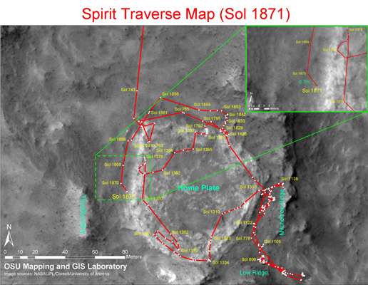 Spirit's traverse map through Sol 1871