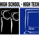 High School High Tech. Graphic is two figures with mortarboards & a computer screen.