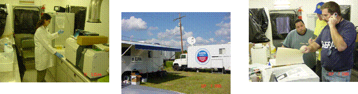 Pictures of staffed mobile laboratory deployed during Hurricane Rita and Hurricane Katrina responses.