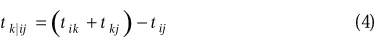 lowercase t subscript {lowercase k given lowercase i j} equals ((lowercase t subscript {lowercase i k}) plus (lowercase t subscript {lowercase k j}) minus (lowercase t subscript {lowercase i j})