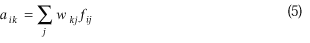 lowercase a subscript {lowercase i k} equals summation over lowercase j times (lowercase w subscript {lowercase k j}) times lowercase f subscript {lowercase i j}