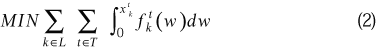 minimize [summation over lowercase k is an element of uppercase l, summation over lowercase t is an element of uppercase t (integral from zero to lowercase x superscript {lowercase t} subscript {lowercase k} (lowercase f superscript {lowercase t} subscript {lowercase k} times (lowercase w) times lowercase d w)]