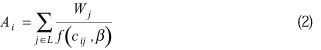 uppercase a subscript {lowercase i} equals summation lowercase j is an element of uppercase l (uppercase w subscript {lowercase j}) divided by the function (lowercase c subscript {lowercase i j}, lowercase beta)