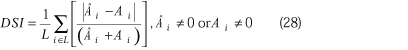 uppercase d s i equals (1 divided by uppercase l) times [summation over lowercase i is an element of uppercase l [(absolute value (uppercase a hat subscript {lowercase i}) minus (uppercase a subscript {lowercase i})) divided by ((uppercase a hat subscript {lowercase i}) plus (uppercase a subscript {lowercase i}))]], uppercase a hat subscript {lowercase i} is not equal to zero or uppercase a subscript {lowercase i} is not equal to zero