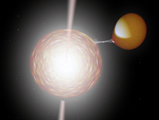 GX 339-4, illustrated here, is a typical microquasar. A black hole orbits an evolved star, which donates matter to it. 