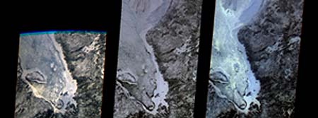  The first scene taken by the MISR multiangle spectroradiometer, showing three views of James Bay in Canada.
