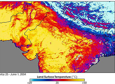 MODIS temperature map of much of India during a late Spring 2005 heat wave.
