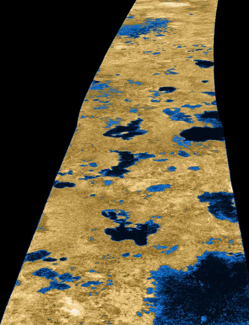 colorized radar view of lakes on Titan