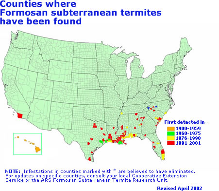 Counties where Formosan subterranean termites have been found