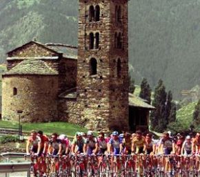 Date: 07/16/1997 Location: Andorra. Description: Bikers ride past old church in the Envalira pass between Andorra and southern France. © AP Photo