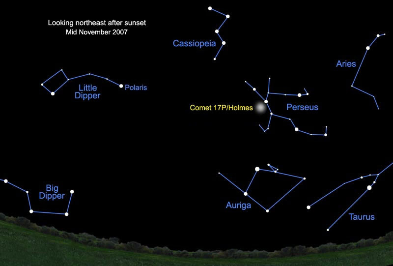 night sky chart showing comet Holmes