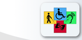 Disabilities symbols for:  accessibility, blindness, assistive listening systems and interpreting.