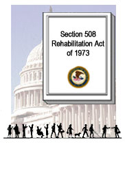 This graphic is a collage of people with and without disabilities superimposed over a picture of the Capitol building and Section 508 legislation in the form of a document.